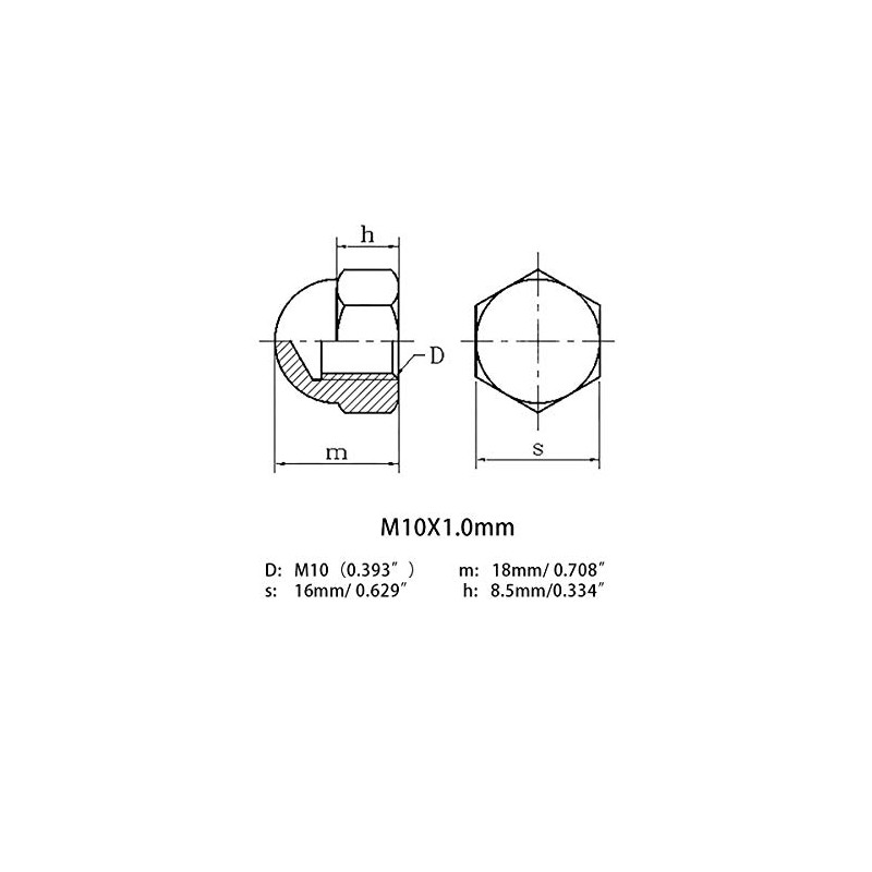 M10X1.0mm 304 Stainless Steel Fine Thread Hex Acorn Cap Nuts