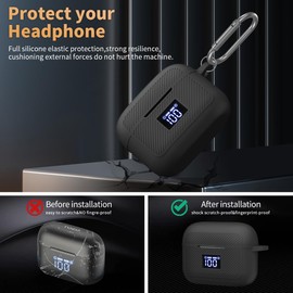 WADVCU for TOZO T20/TOZO Tonal Fits T21 Case Cover, Silicone Protective Scratch Shock LED Digital Display Visible Design Cover for TOZO T20/TOZO Tonal Fits T21 Charging Case with Carabiner-Black