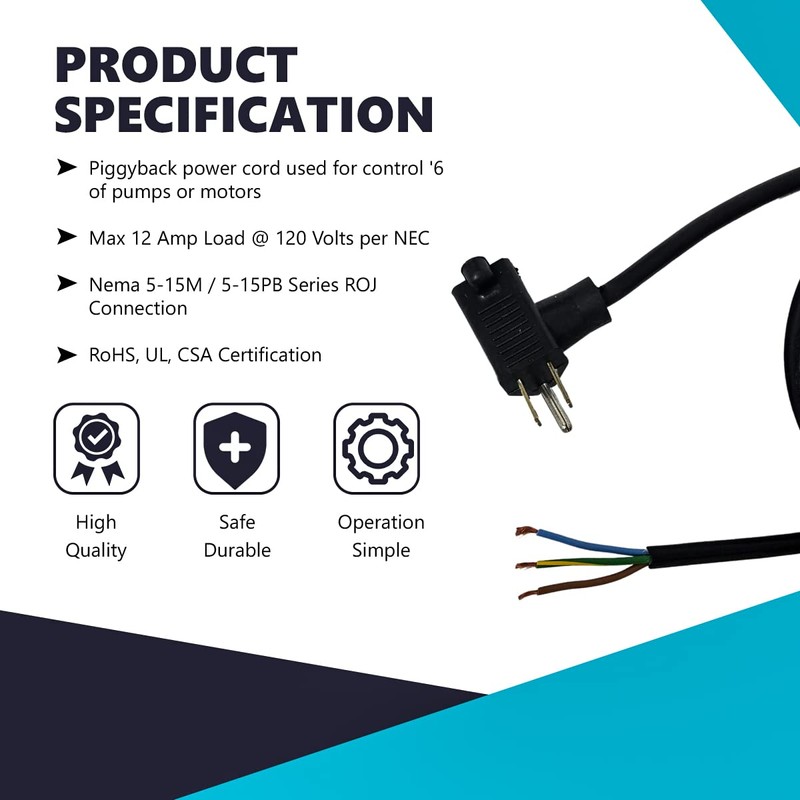 Piggyback Power Cord 6 ft for Timer, Lights, Float Switch