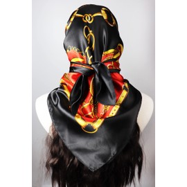 vabovin 35" Large Women's Satin Square Silk Feeling Hair Scarf Wrap Headscarf (Black Red Belt Chain)