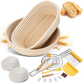 Pleafind Sourdough Proofing Basket, 9-inch Oval ＆ 10-inch Round Banneton Bread Proofing Basket, 9-piece Sourdough Starter Kit for Sourdough Bread