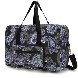 EXYANGEE Foldable Travel Duffel Bag, Medium Women's Weekender and Overnight bag carry on Luggage bag for Women (Black Paisley)