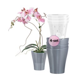 Garten lux Orchid Pots Anthracite Set of 4 1 L Diameter 13 cm with Set of 4 Orchid Planters Drainage Hole Plastic Transparent 0.55 L Diameter 11 cm for Indoor Use