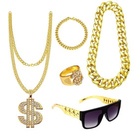 ASANMUI Hip Hop Constume Kit, Dollar Sign Necklace Ring 5pcs Fashionable Costume Set Accessories for Women Men New Year Party Eve Carnival Accessories, Gold