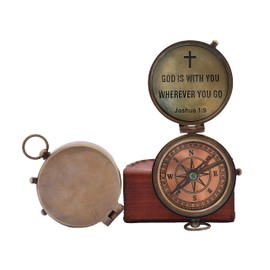 Antique Nautical Vintage Directional Magnetic Compass with Famous Scripture Quote Engraved Baptism Gifts with Leather Case for Loved Ones, Son, Father, Fiancé. ("God is With You Wherever You Go")