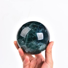 JIC Gem Big Green Fluorite Crystal Ball Sphere Decorative Ball with Wooden Stand for Meditation、Fengshui、Home Decors Healing Crystal Ball (90-100mm)