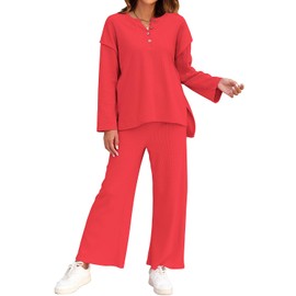 ROYLAMP Womens 2 Piece Outfits Fall Long Sleeve Button Crew Neck Top Long Pant Trendy Matching Casual Sweatsuit Tracksuits Sets Red & Christmas M