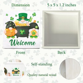 St. Patricks Day Decor Welcome Sign St Patricks Day Gnome Wood Sign Desk Tabletop Shelf Decor, Home Decorations 5 x 5 Inches