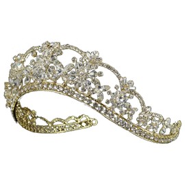 Enchanted Brides' Handcrafted Wedding Tiara of Austrian Crystal Beads & Rhinestone Flowers and Arches, Accented with Baguette Rhinestones (#8F2D0) (Gold)
