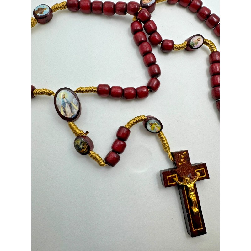 Devotional Saints Corded Wood Rosary - Red with Gold -
