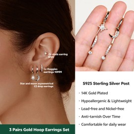 3 Pairs Gold Hoop Earrings Set for Women 14K Gold Plated Sterling Silver Post | Hoop, Stud Sets for Multiple Piercings | Huggie, Cartilage, Dainty Stacking Earrings