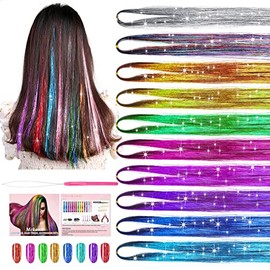 Mckanti Kit De 10 Colores De Oropel Para El Cabello Con Herramienta Extensiones De Cabello De 119 Cm Y 2000 Hebras Para Mujeres Y Niñas Cabello Sintético Brillante Y Colorido Con Purpurina P
