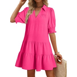 Dokotoo Casual Dresses for Women 2025 Casual Summer Lapel Collared V Neck Summer Dress Summer Outfits for Women Short Womens Dresses Rose Red Large