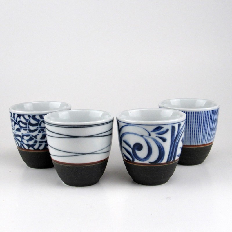 Set of Four Blue Patterns Japanese Tea Cups