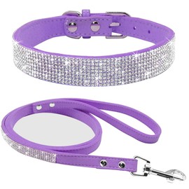 Haoyueer Cute Dazzling Sparkling Elegant Fancy Soft Suede Leather Bling Rhinestone Crystal Jeweled Pet Cat Dog Puppy Collar Dog Leash Combo Set(Purple,L 38-46 cm)
