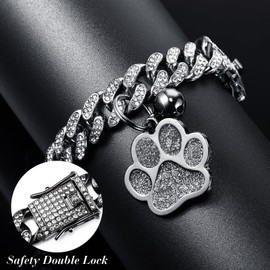 Hillban Cat Collar Diamond Chain Glitter Collar Walking Metal with Secure Buckle Cat Pet Necklace with Paw Charm and ID Tag Bell Link Cuban Jewelry Accessories(10 Inch,Steel Black, White)