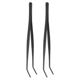 sourcing map 2pcs Long Tweezers 11.8 Inch Stainless Steel Tweezers with Curved Serrated Tip Multi-Purpose Kitchen Tongs for Cooking Gardening Repairing Craft, Black