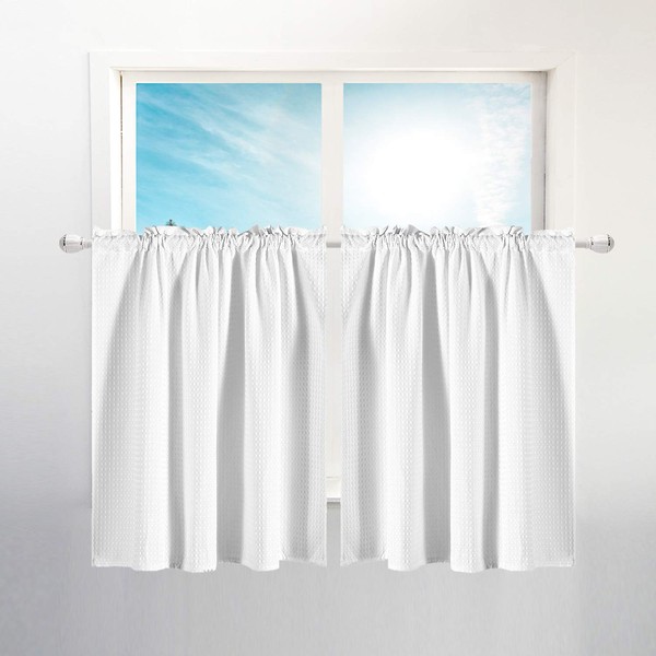 Barossa Design Waffle Weave Half Window Tier Curtains: Small Bathroom Window Curtains Waterproof with 36 inch Length Short Length for Cafe & Kitchen - White, 36"x36" for Each Panel, Set of 2
