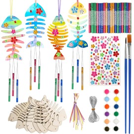 RONIAVL 12pcs Ocean Wind Chime Crafts Kits for Kids DIY Wood Summer Wind Chime Make Your Own Fish Bone Wind Chime DIY Coloring Wooden Arts and Crafts Summer Activities for Kids 9-12