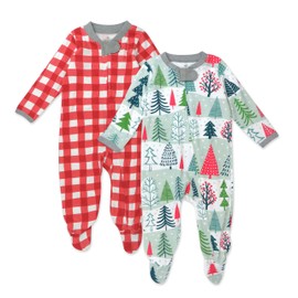 HonestBaby 2-Pack Sleep and Play Footed Holiday Pajamas One-Piece Sleeper Zip Organic Cotton Pjs Baby Boys, Girls, Unisex, Feelin' Pine, 6-9 Months