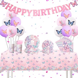 134Pcs Butterfly Party Supplies Cute Decorations for Birthday, Unique Theme Party Favors Including Banner, Plates, Cups, Napkins, Baloon and Tablecloth for 24 Guests