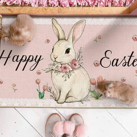 Artoid Mode Pink Rabbit Bunny Carrots Flowers Happy Easter Doormat, Home Decor Low-Profile Switch Rug Door Mat Floor Mat for Indoor Outdoor 17x29 Inch