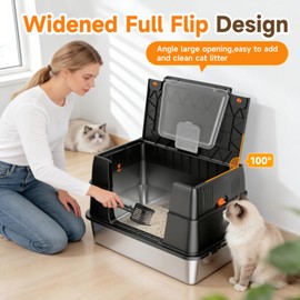 KISENG Stainless Steel Litter Box with Lid, High Sided Enclosed Metal Litter Box for Big Cats, Easy Cleaning Anti-Urine Leakage, Non-Sticky Cat Box, Front Entry Top Exit KittyBox, Includes Mat & Scoop