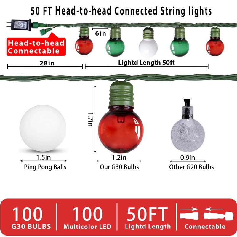 100 LED 50Ft Globe Christmas Lights Outdoor, Round G30 Christmas