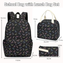 Lrenagao School Backpack for Girls, 3PCS Bookbags Set with Lunch Box Pencil Pouch Elementary Middle School Bag Laptop Back Packs (Smile Black)