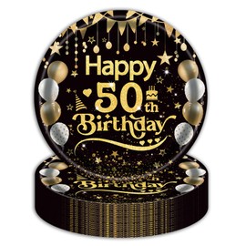 EVYIENEN Pack of 50 Happy Birthday 50th Birthday Paper Plates, 22.9 cm Black Gold Single Dessert Plates Birthday Party Tableware Paper Plates Set 50th Paper Plates Table Decoration for Picnics
