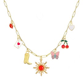Chunky Gold Charm Necklace for Women Heart Butterfly Necklace Sun Cherry Necklace Gold Cowboy Boot Necklace Paperclip Adjustable Charm Necklace Gold Elegant Jewelry