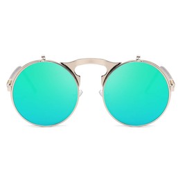 Dollger Round Steampunk Sunglasses Flip Up Lens Retro Metal Frame Sunglasses for Men and Women, Silver Frame/Green Lens