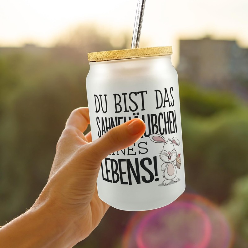 Hase mit Cupcake Valentinstag Trinkglas mit Bambusdeckel Lustiges Spruch-Glas zum
