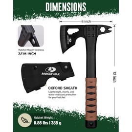 MOSSY OAK 12" Camping Axe and Survival Hatchet with Sheath, Compact Outdoor Multitool Hatchet with Hex Wrench Slots, Non-Slip Dual-Color Handle, Heavy-Duty Bushcraft Axe for Hiking, Chopping, Hunting