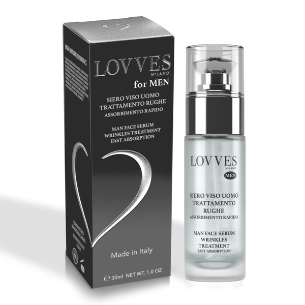 LOVVES Anti Wrinkle Serum for Men, High Natural Cosmetics, Stimulates Collagen Production, Smoothing, Daily Treatment of Face and Eye Contour, 30ml Glass Bottle