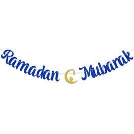 Ramadan Mubarak Banner,Eid Festival Muslim Islam Party Decorations,Muslim Islam Eid Festival Decorations,Muslim Islam Party Supplies Blue Glitter