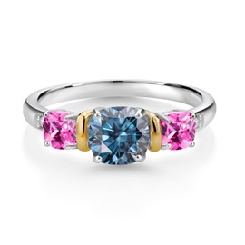 Gem Stone King 925 Silver and 10K Yellow Gold 3-Stone Diamond Ring Cushion Persian Blue Moissanite and Created Sapphire Pink (1.71 Cttw) (Size 5)