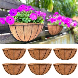 LaLaGreen Outdoor Large Wall Planters, 6 Pack, 14 Inch Rail Pot for Balcony Garden, Wall Mount Hanging Metal Flower Basket Coco Liner, Semi Circle Fence Plants Holder Railing Deck Porch Balcony Garden