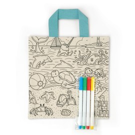Genuine Fred KIT AND CADOODLE Beach Scene, Color In Canvas Tote Bag, 10" x 10", Fun Activity for Kids, Includes 4 Markers