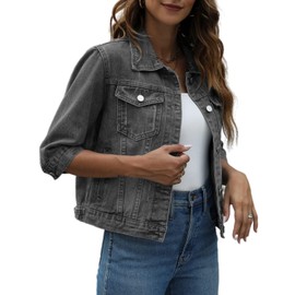 happlan Women's 3/4 Sleeve Short Denim Jacket Lapel Button Down Cropped Trucker Jean Jackets Coats(0496-Grey-L)