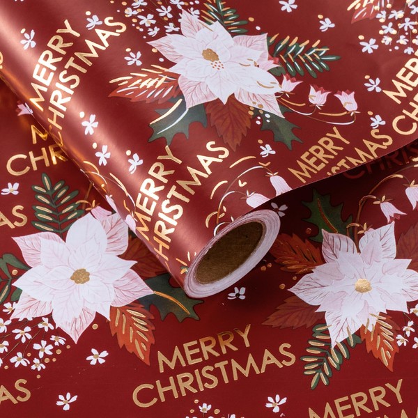 LeZakaa Christmas Wrapping Paper Roll - Red Flower & Merry