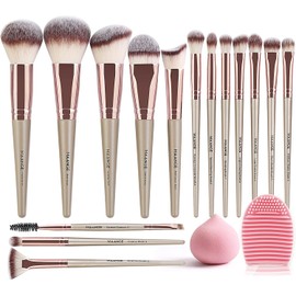 Brochas de Maquillaje Profesional Kit 15 Piezas Set de Brochas para Maquillaje Sintéticas de Alta Calidad Rubor Brochas Maquillaje Sombras de Brochas para Ojos(Oro Champagne)
