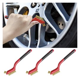 ZIMISI 3PCS Car Cleaning Brush Set, Small Brass Cleaning Tools, Deep Rust Remover Wire Brush with Curved Handle Grip, Car Detail Brushes for Scrubbing Dirt, Paint (Brass)
