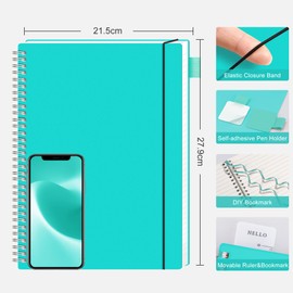 RETTACY A4 Notebook, Lined Wirebound Spiral Notebook College Ruled Paper 110 Pages for Writing, Journals for Women 100gsm, PVC Pocket, Pen Loop, Ruler, Bookmark, 21.5 x 27.9cm - Turquoise