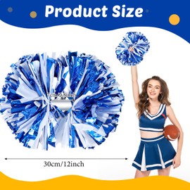 Hanaive 24 Pack Metallic Cheerleading Pom Pom 12 Inch Cheerleader Pom Poms with Baton Handle Cheering Pompoms Bulk for Team Spirit Sports Dance Party Cheering Adults(Metallic Blue Matte White)
