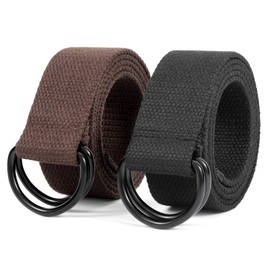 JASGOOD Men Canvas Fabric Belt, Casual Webbing Black D Ring Belts for Cargo Pants 1 1/2" Wide Set of 2 (Black/Coffee,Fit Waist Size 34-39 inch)