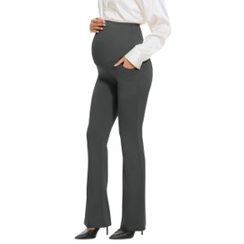 VIMPEP Flare Maternity Leggings Bootcut Yoga Pants Stretchy Over The Belly Pregnancy Dress Work Pants with Pockets Casual Petite/Regular 3102 27 Dark Grey S