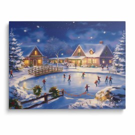 Christmas Ice Skating Rink Canvas Wall Art Decor - Festive Winter Scene with Cozy Cabins and Snowy Trees, Ideal Decoration for Room, 8X10 inch Rustic Farmhouse Decor Print, Ideal Seasonal Home Accent