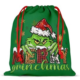 24 * 26cmChristmas Cotton Drawstring Gift Bag with The Gri-nch Pattern，Topeedy 1pcs Green Drawstring Gift Bag for Xmas Birthday Party，Small Bizarre Present bag-Merry