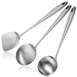 17” Wok Spatula and Ladle Skimmer Spoon, Stainless Steel Kitchen Cooking Utensils Heat-Resistant All Metal Woks Utensils with Ergonomic Non-Slip Handle for Cast Iron/Carbon Steel Wok